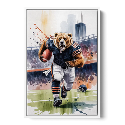 Chicago Bears Watercolor Art Fierce Mascot in Motion Front - White Canvas Wall Art