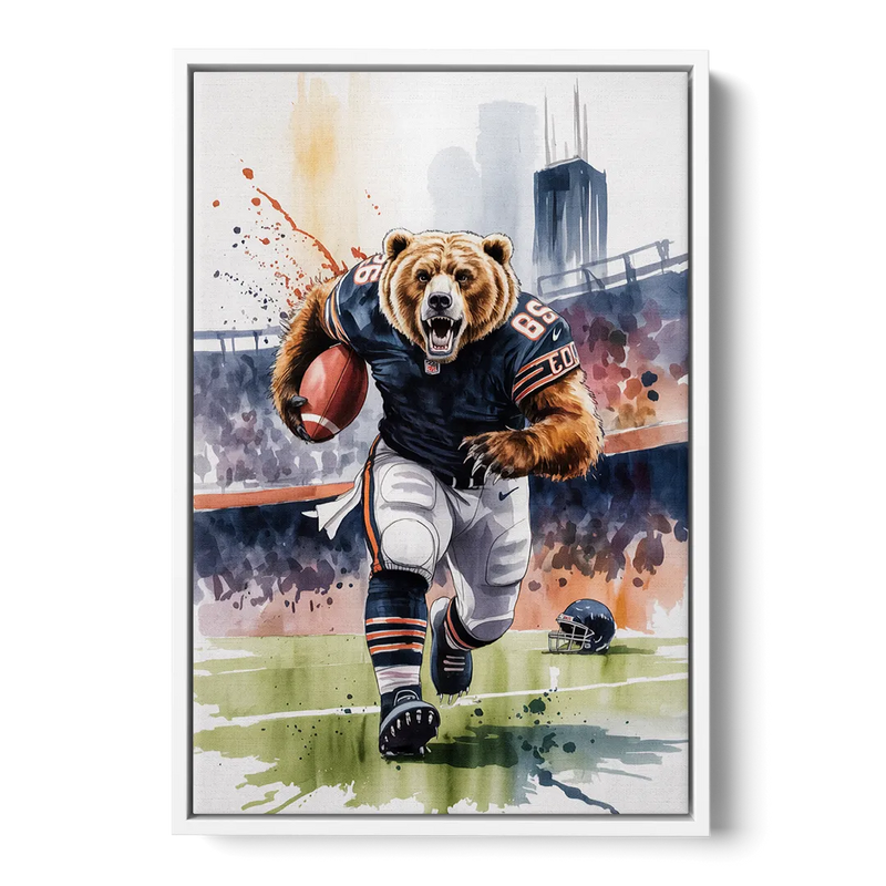 Chicago Bears Watercolor Art Fierce Mascot in Motion Front - White Canvas Wall Art
