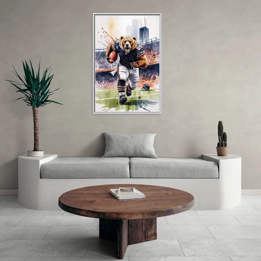 Chicago Bears Watercolor Art  Fierce Mascot in Motion - Living Room White Frame Canvas