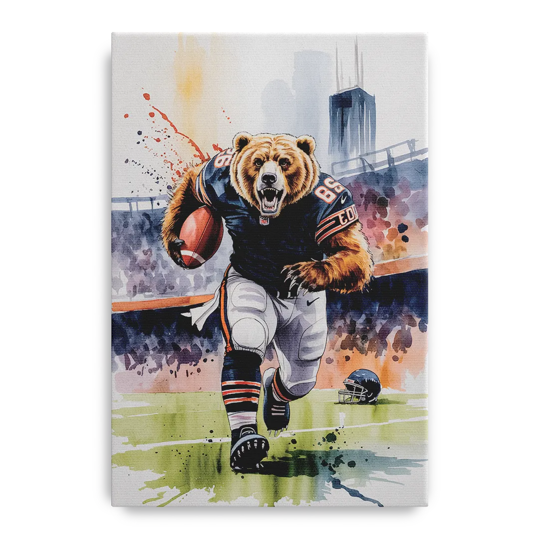 Chicago Bears Watercolor Art Fierce Mascot in Motion Front - Canvas Wall Art