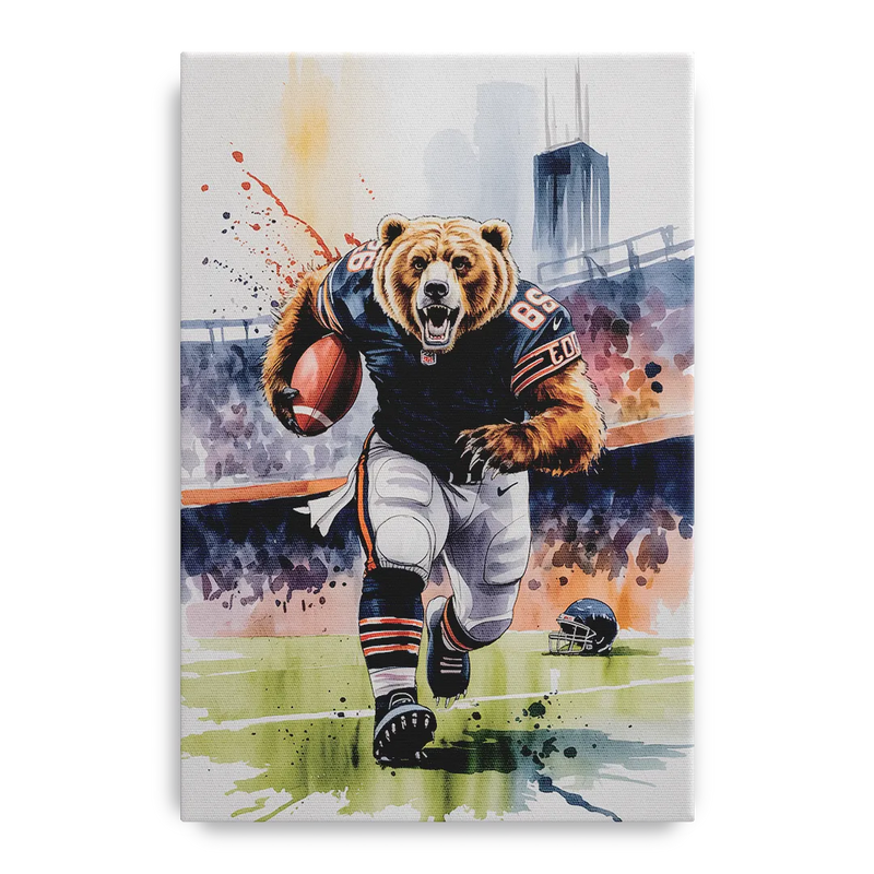 Chicago Bears Watercolor Art Fierce Mascot in Motion Front - Canvas Wall Art