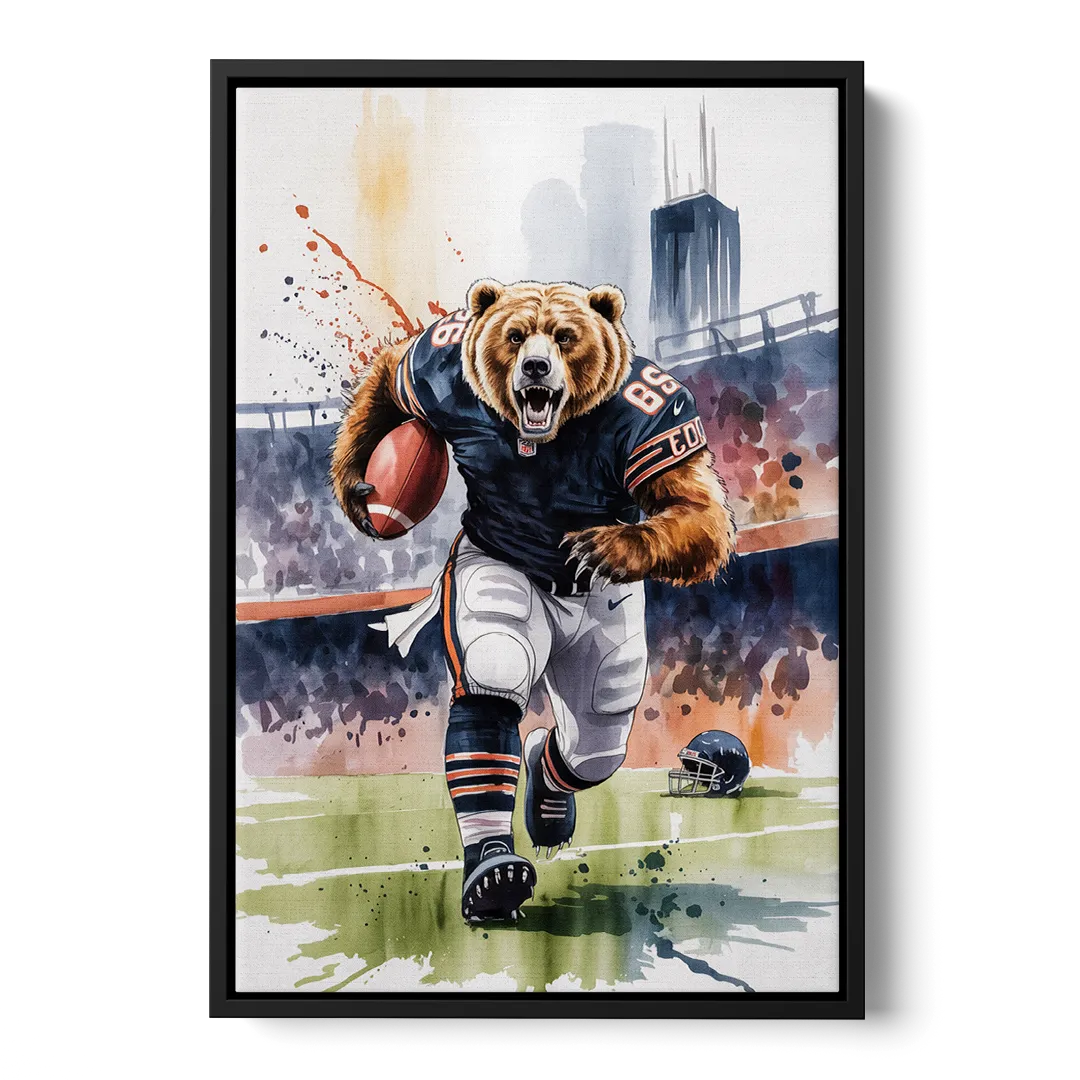 Chicago Bears Watercolor Art Fierce Mascot in Motion Front - Black Canvas Wall Art