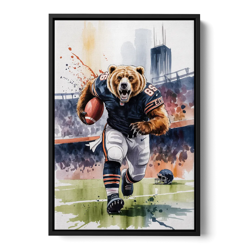Chicago Bears Watercolor Art Fierce Mascot in Motion Front - Black Canvas Wall Art