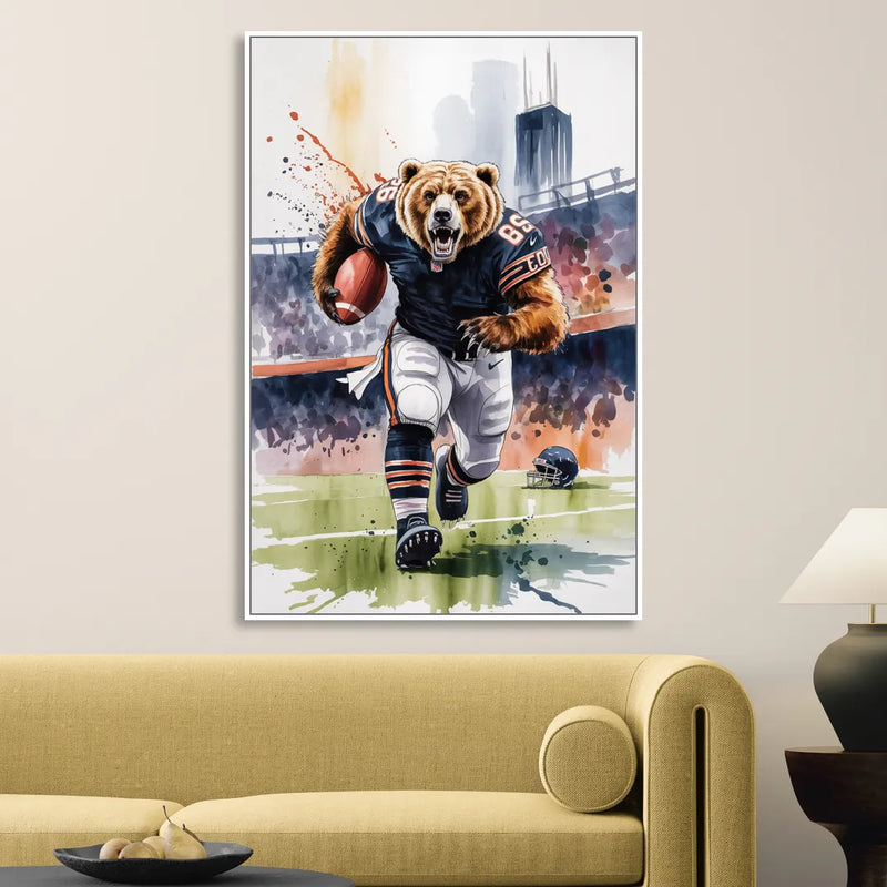 Chicago Bears Watercolor Art Fierce Mascot in Motion Sitting Room - White Canvas Wall Art