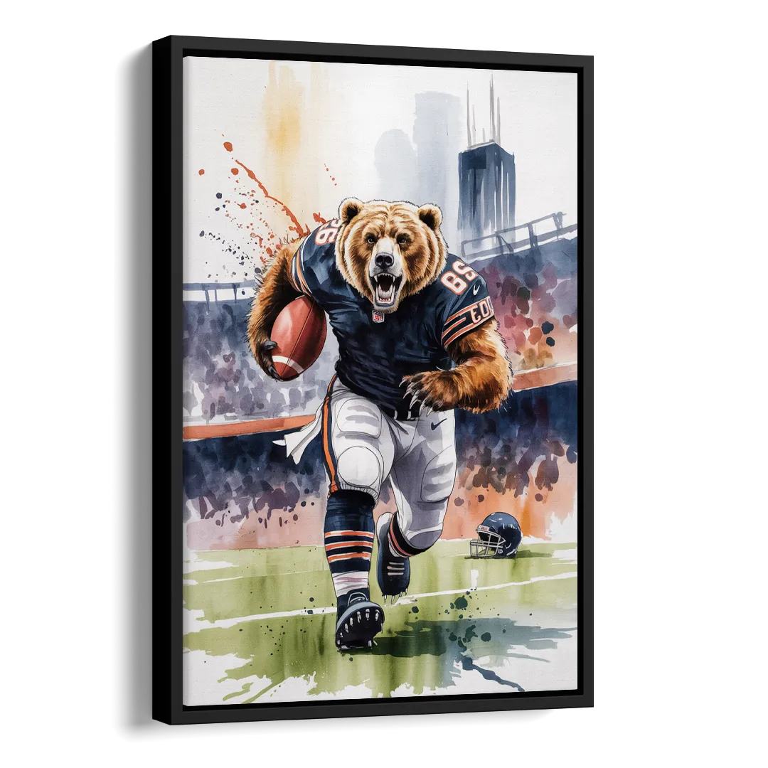 Chicago Bears Watercolor Art Fierce Mascot in Motion Side - Black Canvas Wall Art