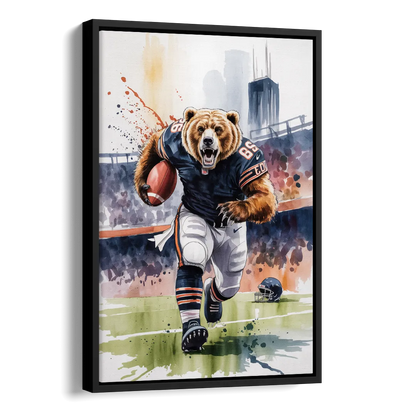 Chicago Bears Watercolor Art Fierce Mascot in Motion Side - Black Canvas Wall Art