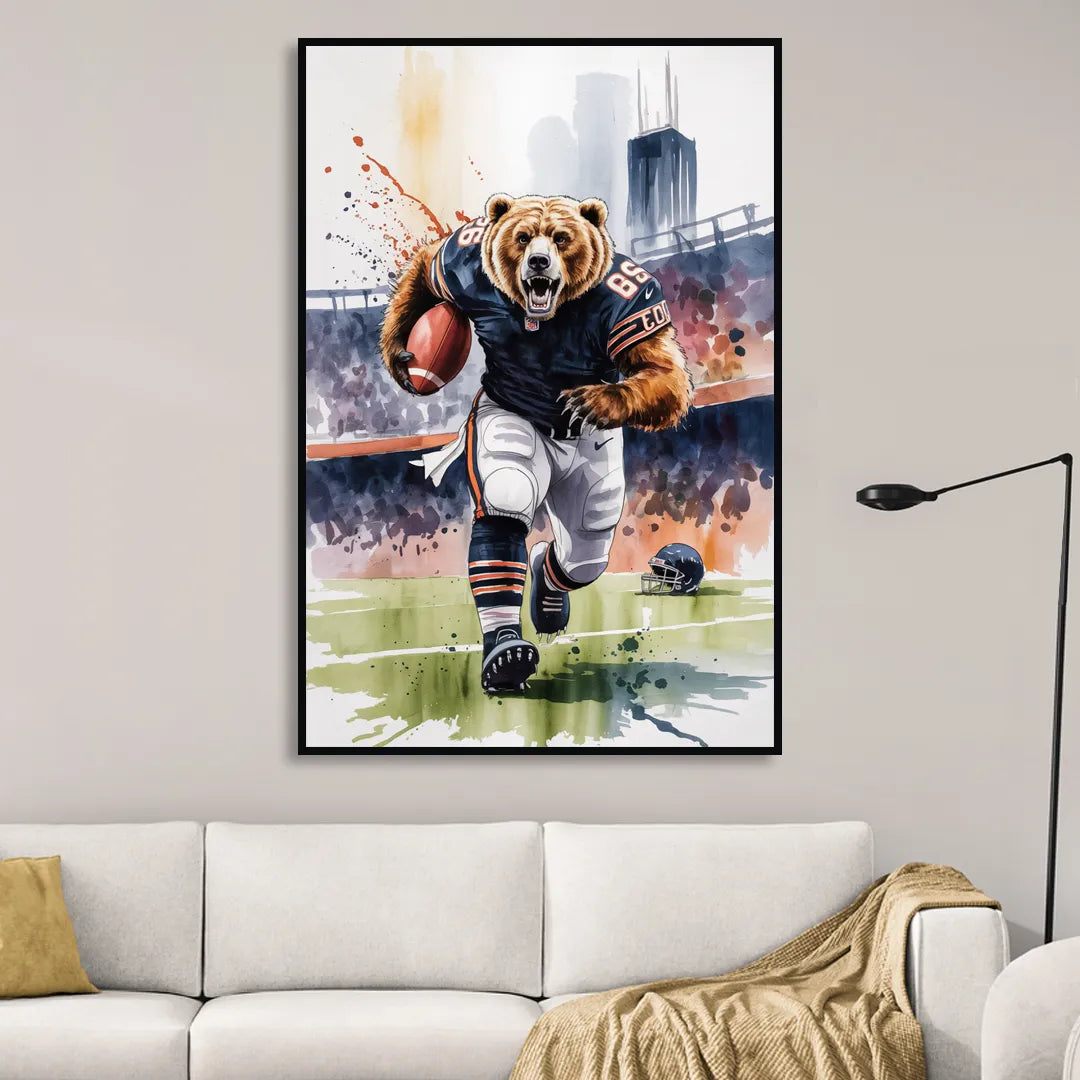 Chicago Bears Watercolor Art Fierce Mascot in Motion Living Room - Black Canvas Wall Art