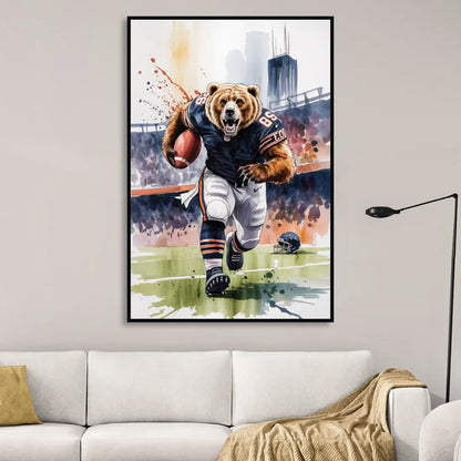 Chicago Bears Watercolor Art Fierce Mascot in Motion Living Room - Black Canvas Wall Art