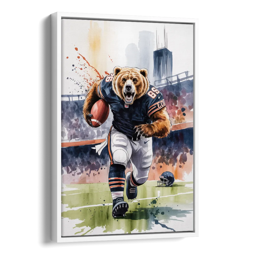 Chicago Bears Watercolor Art Fierce Mascot in Motion Side - White Canvas Wall Art