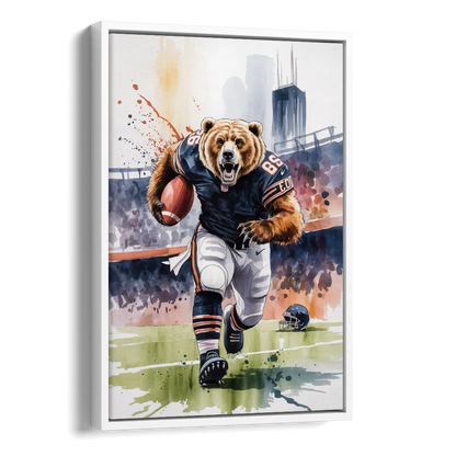Chicago Bears Watercolor Art Fierce Mascot in Motion Side - White Canvas Wall Art