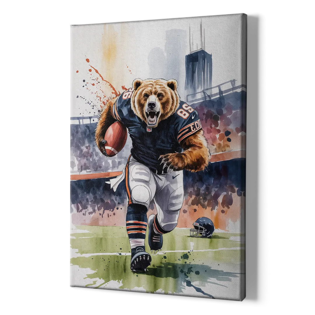 Chicago Bears Watercolor Art  Fierce Mascot in Motion - Canvas Print Art Sides
