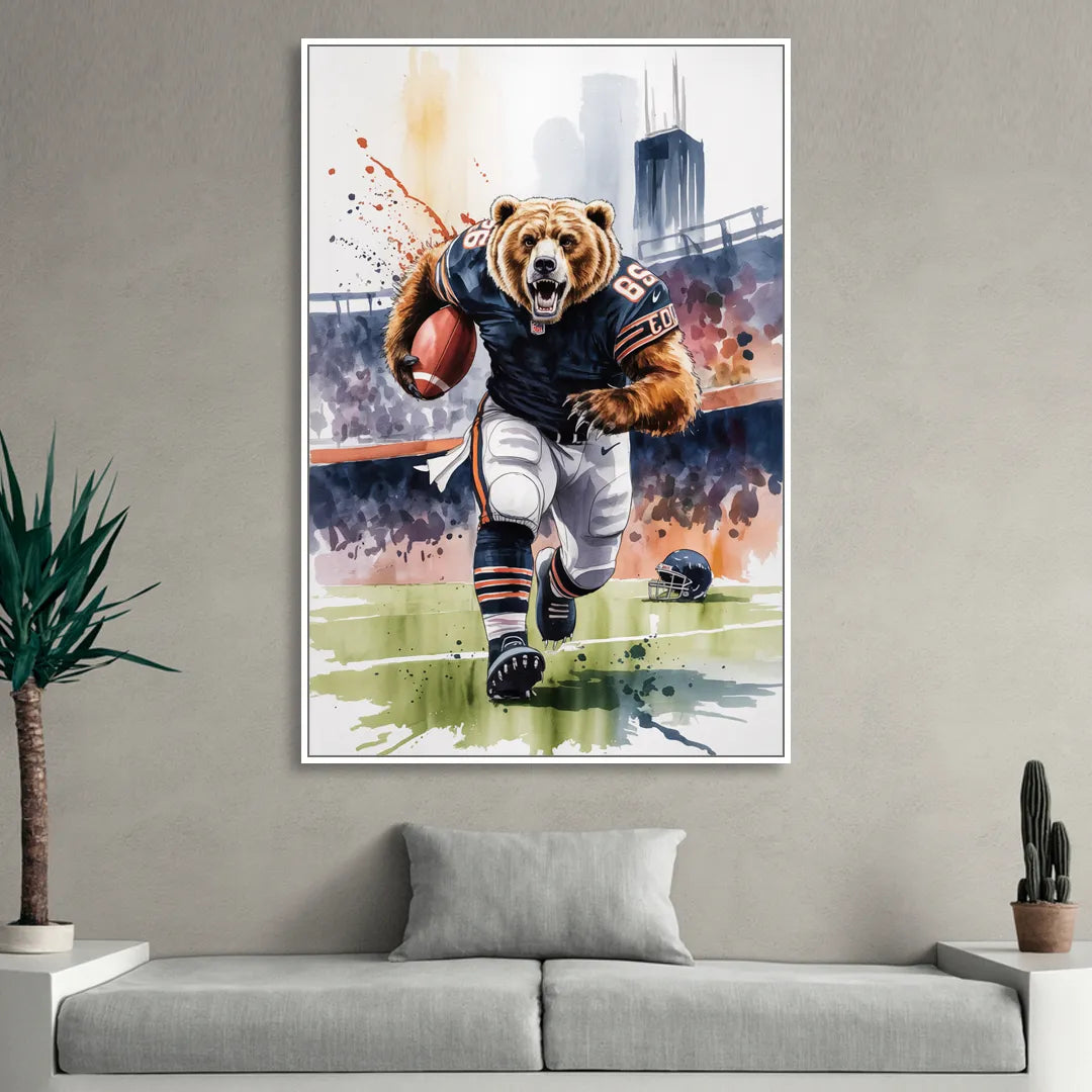 Chicago Bears Watercolor Art Fierce Mascot in Motion Living Room - White Canvas Wall Art