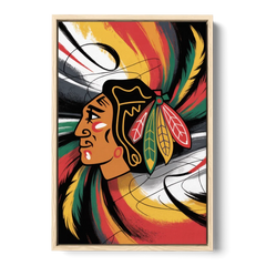 Chicago Blackhawks Dynamic Abstract Art Hockey and Feathers - Oak Framed Canvas Wall Art - Front