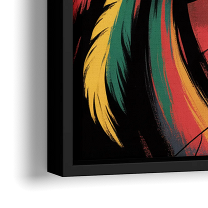 Chicago Blackhawks Dynamic Abstract Art Hockey and Feathers - Close-Up Black Frame Canvas