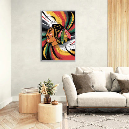 Chicago Blackhawks Dynamic Abstract Art Hockey and Feathers - Living Room White Frame Canvas