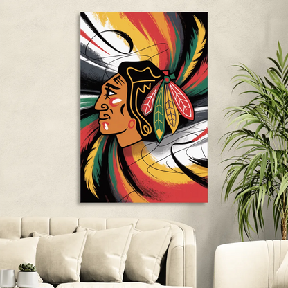 Chicago Blackhawks Dynamic Abstract Art Hockey and Feathers Living Room - Canvas Wall Art