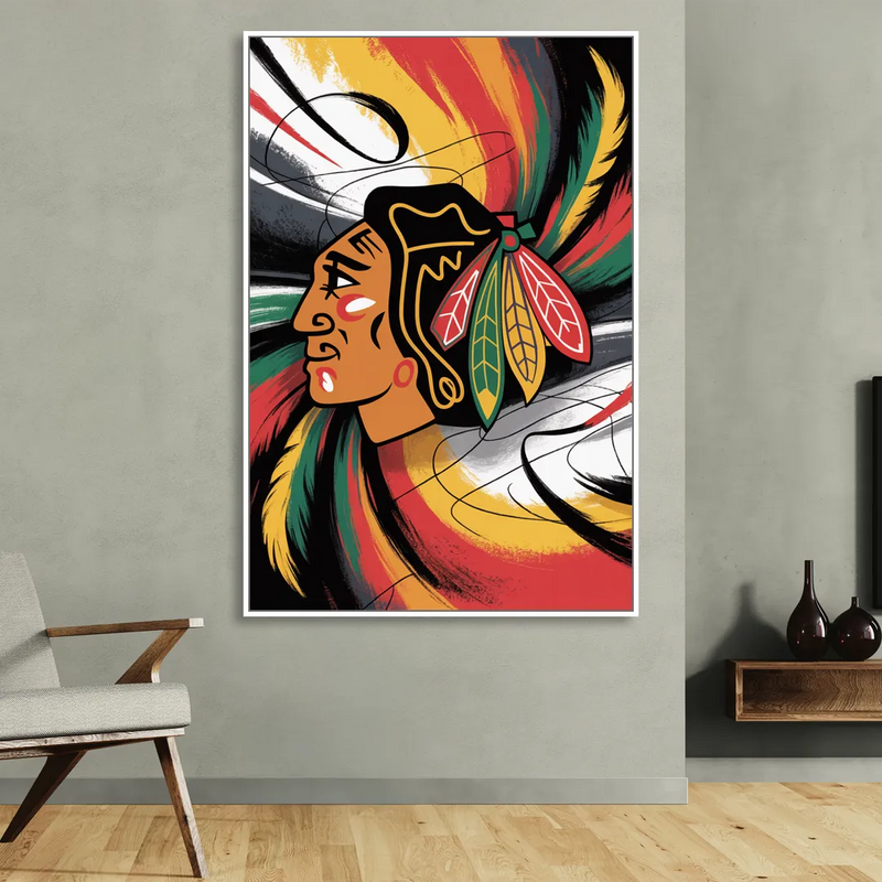 Chicago Blackhawks Dynamic Abstract Art Hockey and Feathers Sitting Room - White Canvas Wall Art