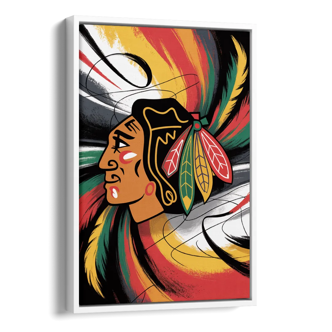 Chicago Blackhawks Dynamic Abstract Art Hockey and Feathers Side - White Canvas Wall Art