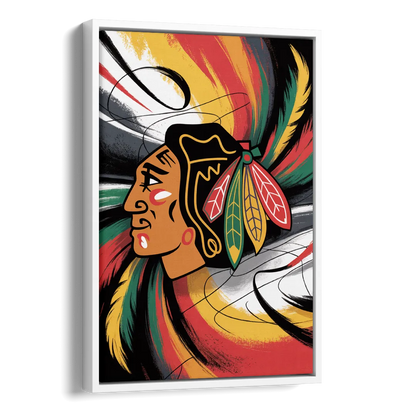 Chicago Blackhawks Dynamic Abstract Art Hockey and Feathers Side - White Canvas Wall Art