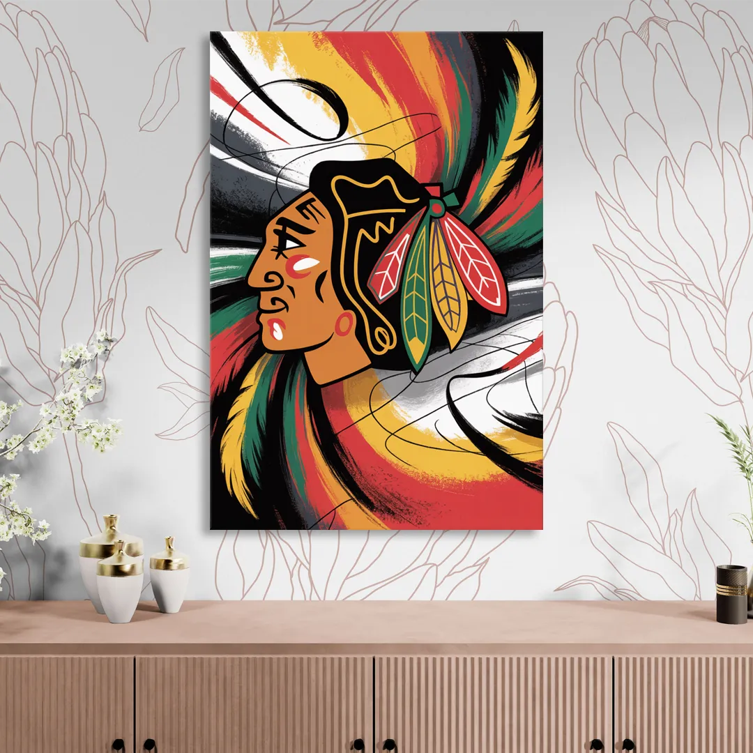 Chicago Blackhawks Dynamic Abstract Art Hockey and Feathers Sitting Room - Canvas Wall Art