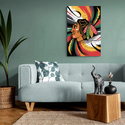 Chicago Blackhawks Dynamic Abstract Art Hockey and Feathers - Canvas Wall Art Living Room