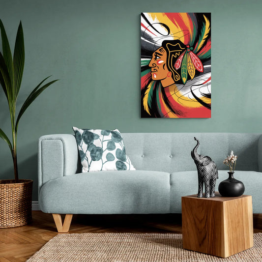 Chicago Blackhawks Dynamic Abstract Art Hockey and Feathers - Canvas Wall Art Living Room