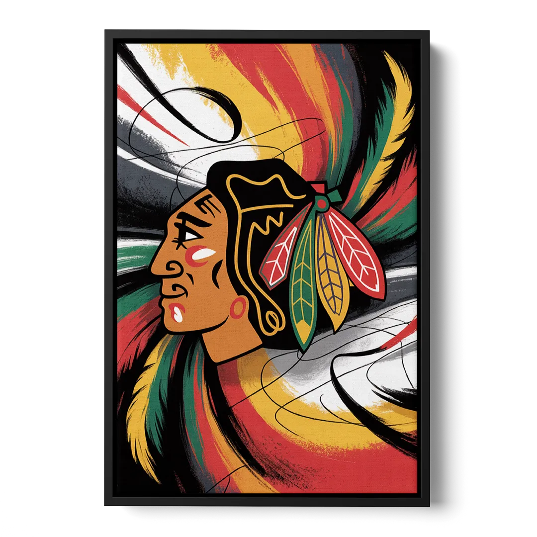 Chicago Blackhawks Dynamic Abstract Art Hockey and Feathers Front - Black Canvas Wall Art