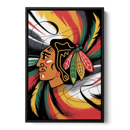 Chicago Blackhawks Dynamic Abstract Art Hockey and Feathers Front - Black Canvas Wall Art