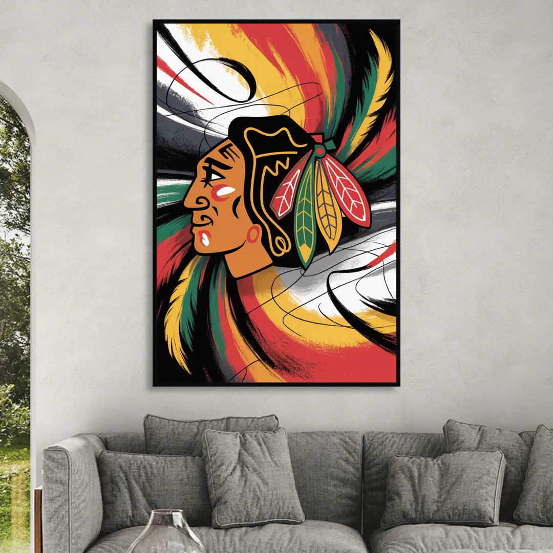 Chicago Blackhawks Dynamic Abstract Art Hockey and Feathers Living Room - Black Canvas Wall Art