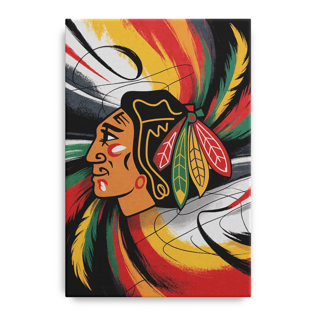 Chicago Blackhawks Dynamic Abstract Art Hockey and Feathers Front - Canvas Wall Art
