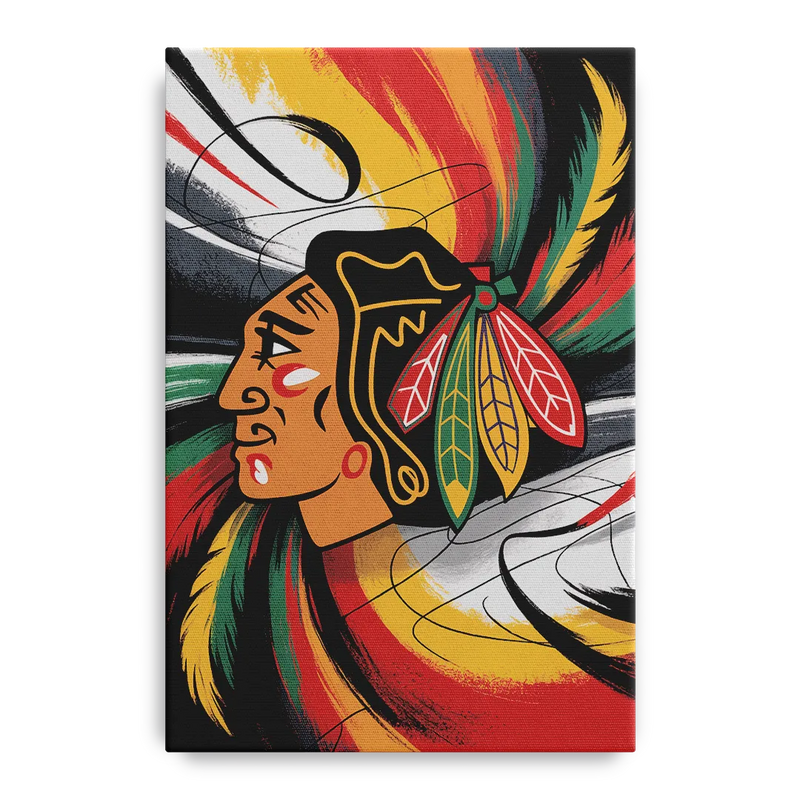 Chicago Blackhawks Dynamic Abstract Art Hockey and Feathers Front - Canvas Wall Art