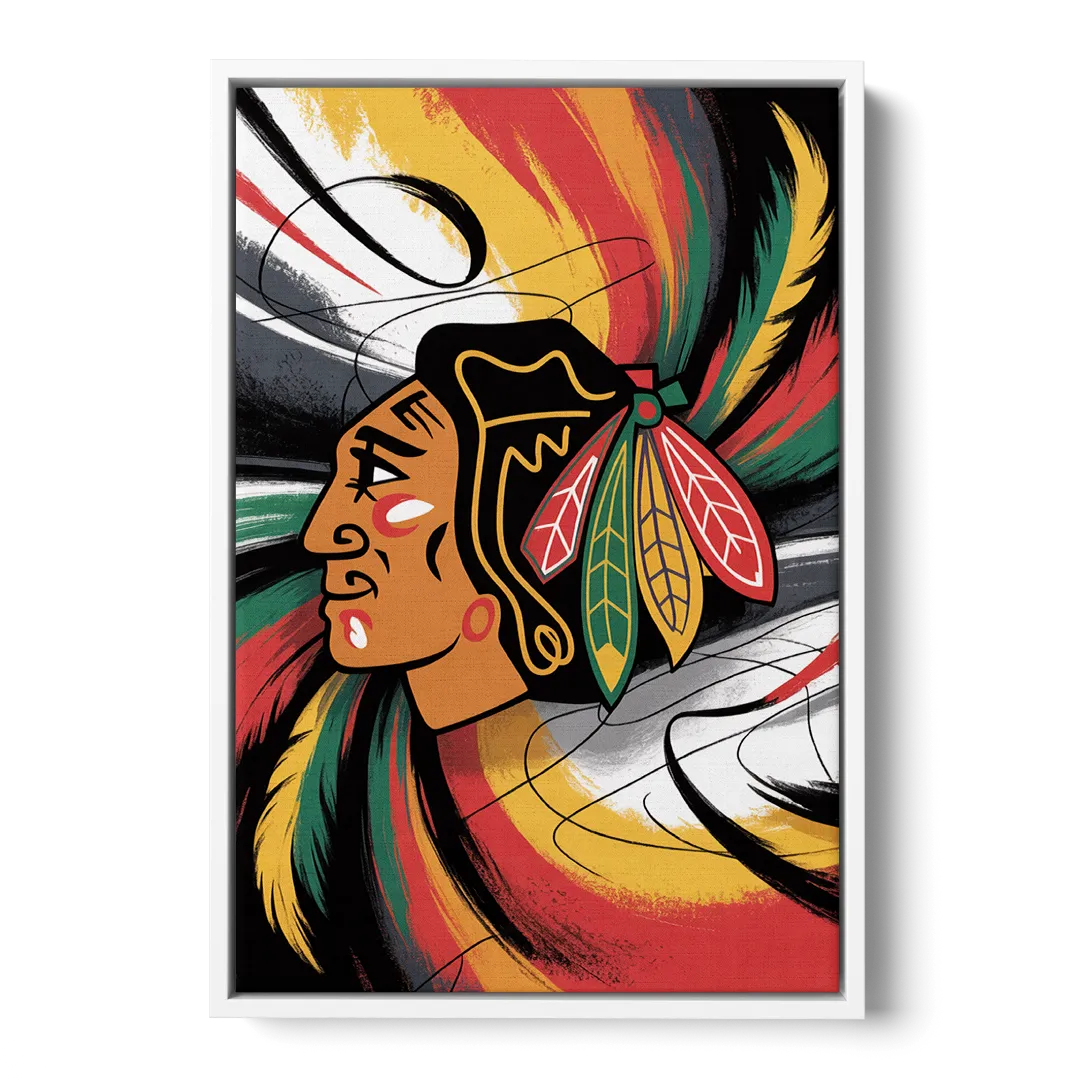 Chicago Blackhawks Dynamic Abstract Art Hockey and Feathers Front - White Canvas Wall Art
