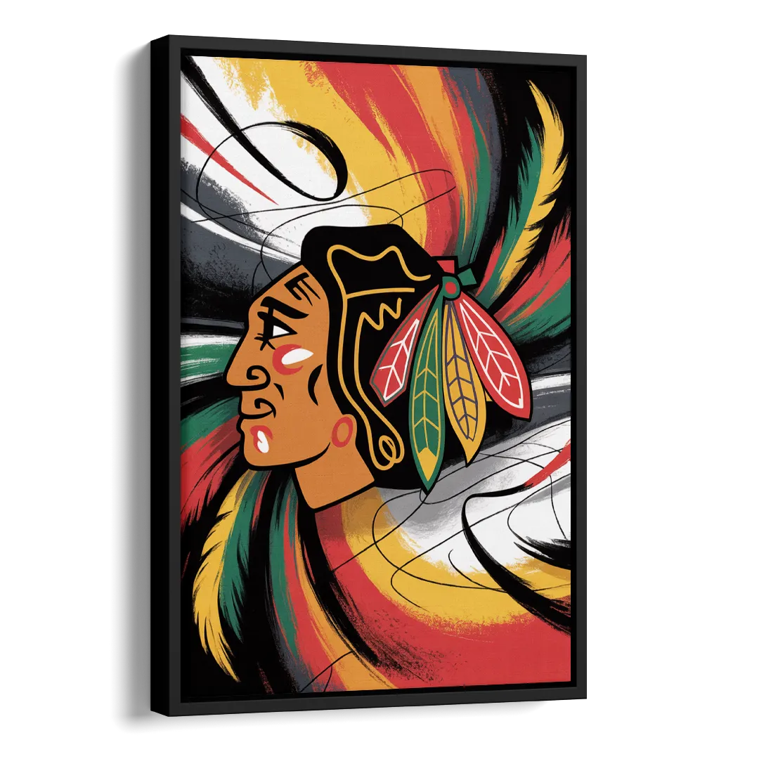 Chicago Blackhawks Dynamic Abstract Art Hockey and Feathers Side - Black Canvas Wall Art
