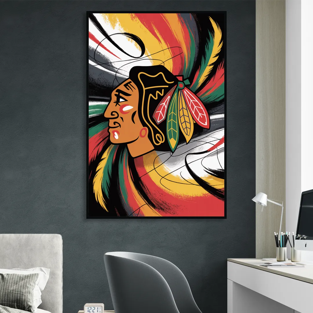 Chicago Blackhawks Dynamic Abstract Art Hockey and Feathers Sitting Room - Black Canvas Wall Art