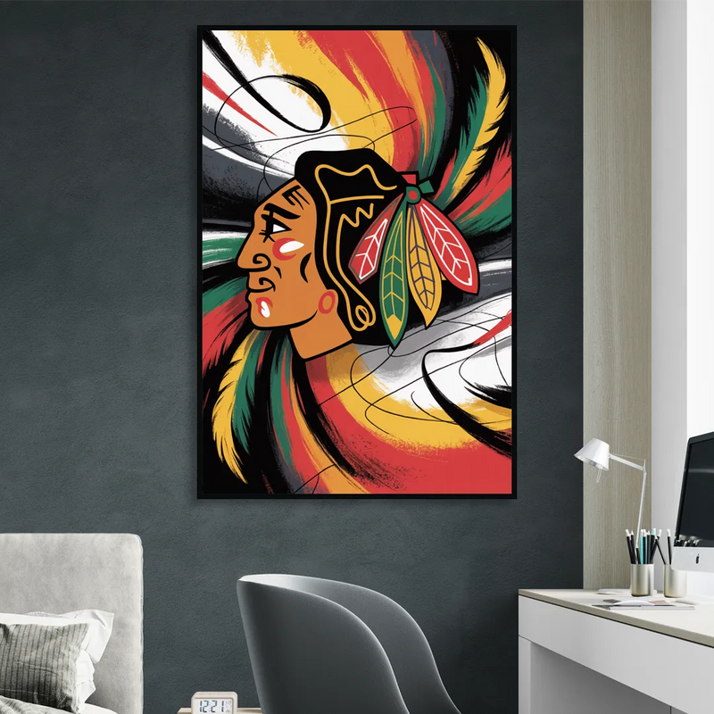 Chicago Blackhawks Dynamic Abstract Art Hockey and Feathers Sitting Room - Black Canvas Wall Art