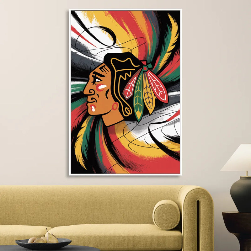 Chicago Blackhawks Dynamic Abstract Art Hockey and Feathers Living Room - White Canvas Wall Art