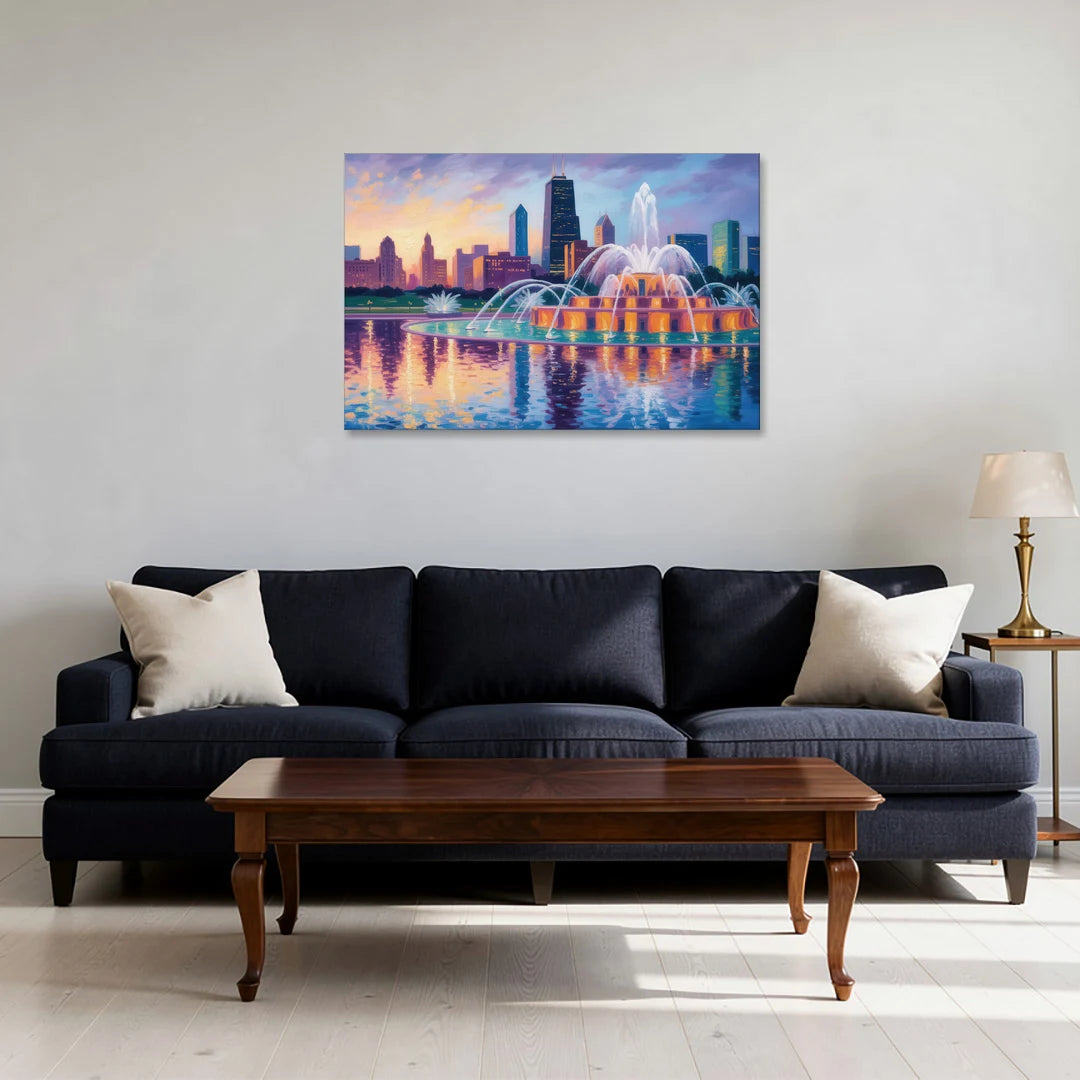 Chicago Buckingham Fountain at Dusk - Canvas Wall Art - Sofa - 36x24