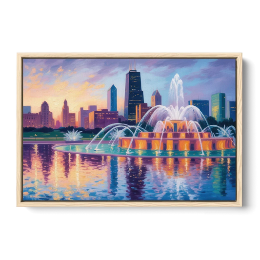 Chicago Buckingham Fountain at Dusk - Oak Framed Canvas Wall Art - Front