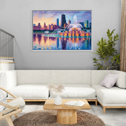 Chicago Buckingham Fountain at Dusk - Living Room White Frame Canvas