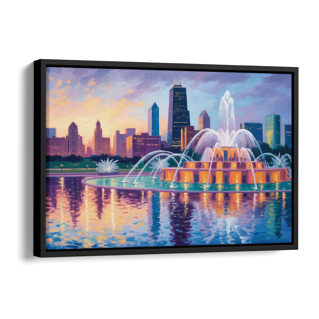 Chicago Buckingham Fountain at Dusk Side - Black Canvas Wall Art