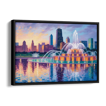 Chicago Buckingham Fountain at Dusk Side - Black Canvas Wall Art