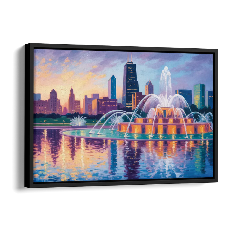 Chicago Buckingham Fountain at Dusk Side - Black Canvas Wall Art