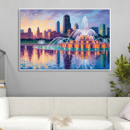 Chicago Buckingham Fountain at Dusk Living Room - White Canvas Wall Art