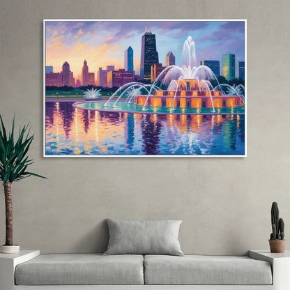 Chicago Buckingham Fountain at Dusk Sitting Room - White Canvas Wall Art