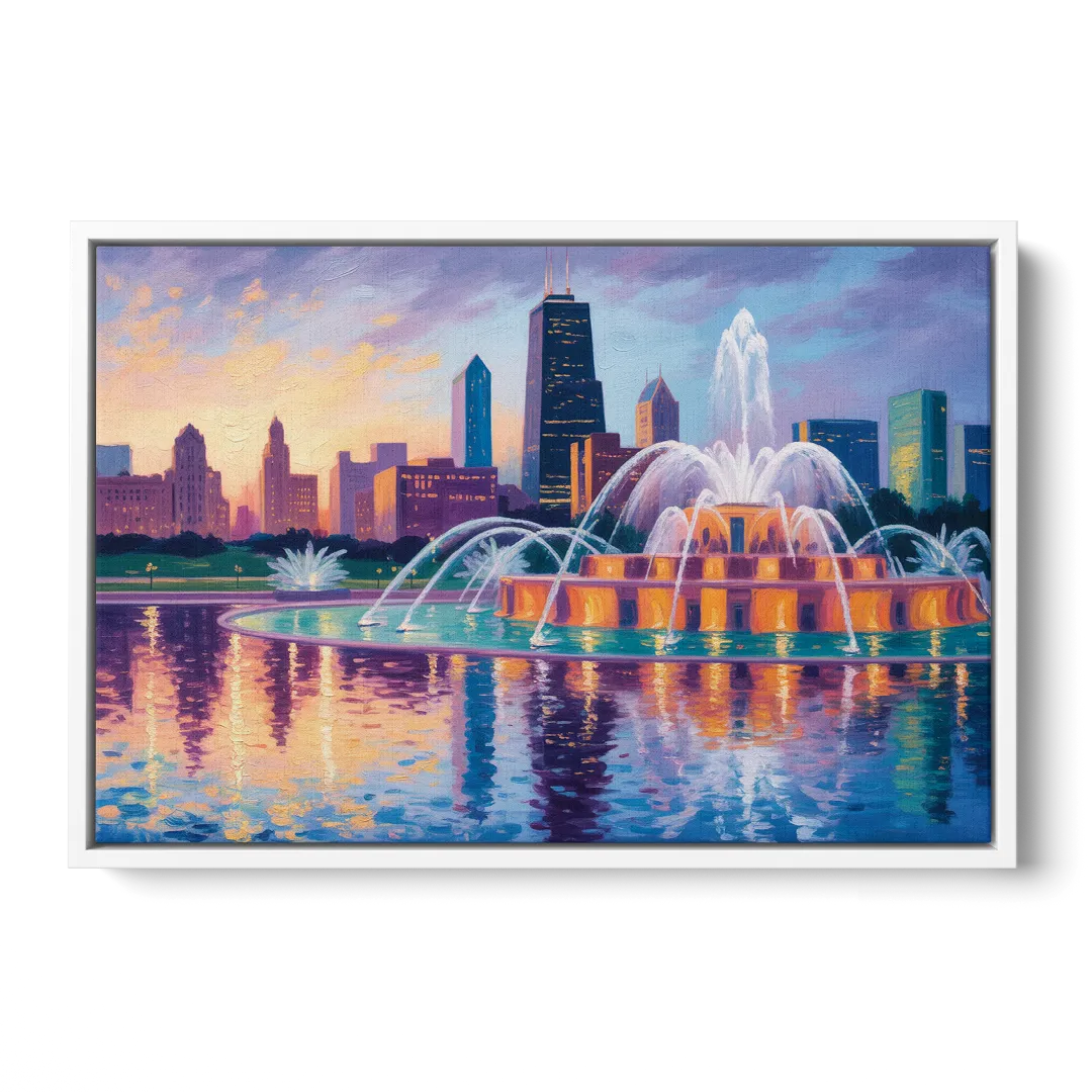 Chicago Buckingham Fountain at Dusk Front - White Canvas Wall Art