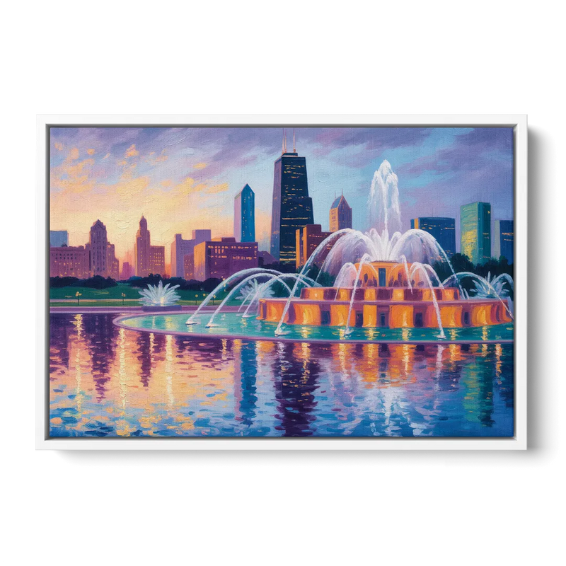 Chicago Buckingham Fountain at Dusk Front - White Canvas Wall Art