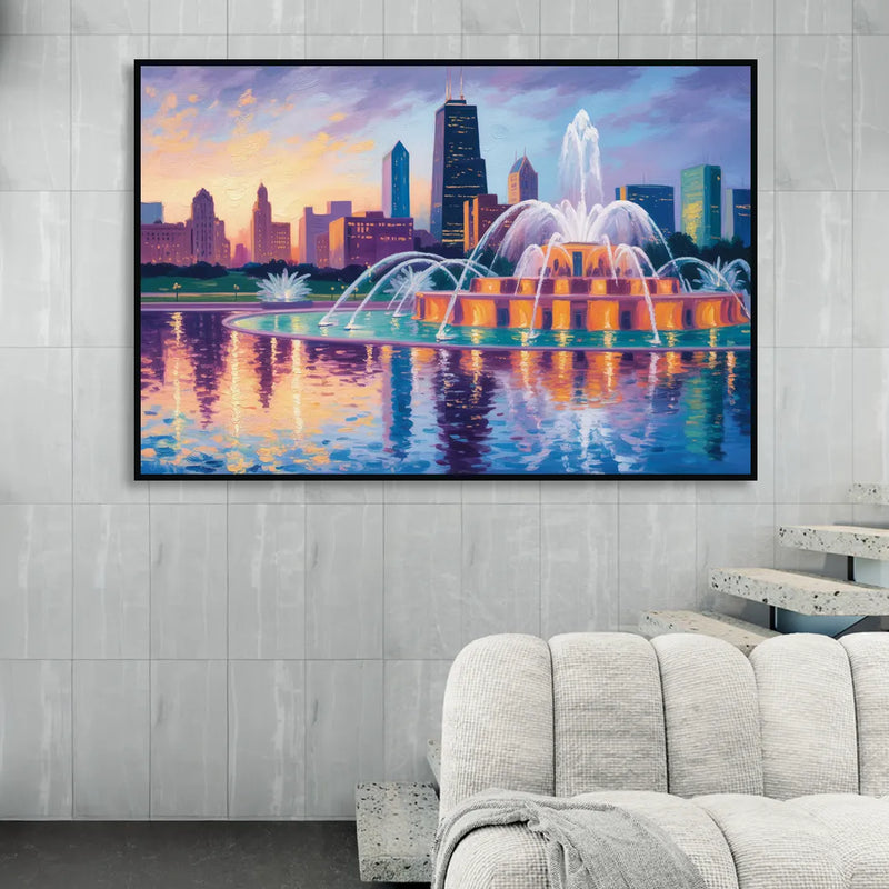 Chicago Buckingham Fountain at Dusk Living Room - Black Canvas Wall Art