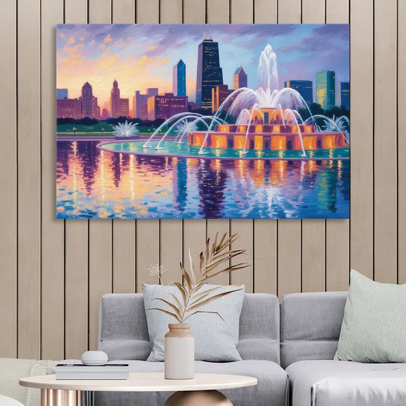 Chicago Buckingham Fountain at Dusk Living Room - Canvas Wall Art