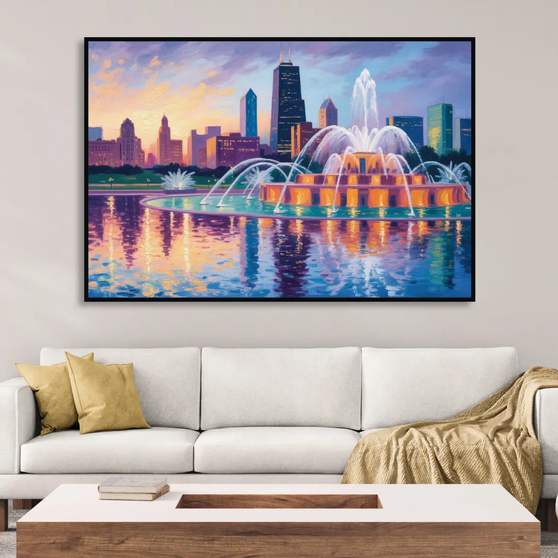 Chicago Buckingham Fountain at Dusk Sitting Room - Black Canvas Wall Art