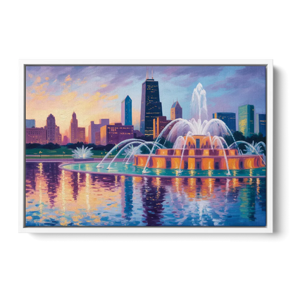 Chicago Buckingham Fountain at Dusk - White Frame Canvas
